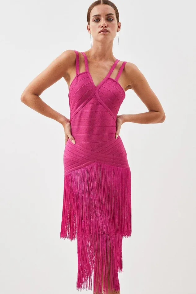 Petite Figure Form Bandage Fringe Knit Midi Dress Fuchsia Women Karen Millen Dresses