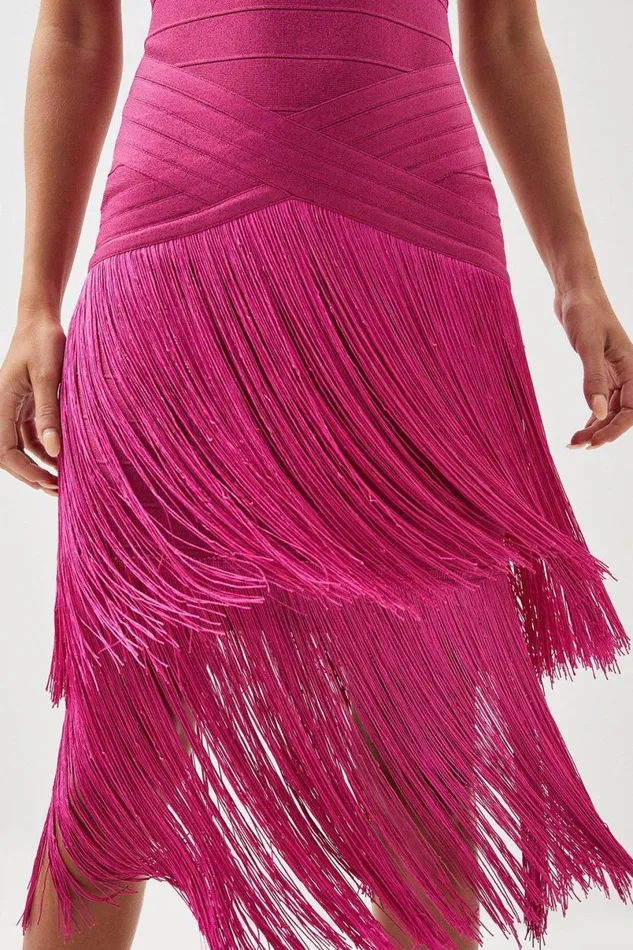 Petite Figure Form Bandage Fringe Knit Midi Dress Fuchsia Women Karen Millen Dresses