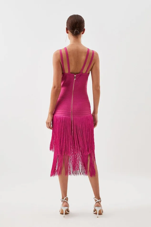 Petite Figure Form Bandage Fringe Knit Midi Dress Fuchsia Women Karen Millen Dresses