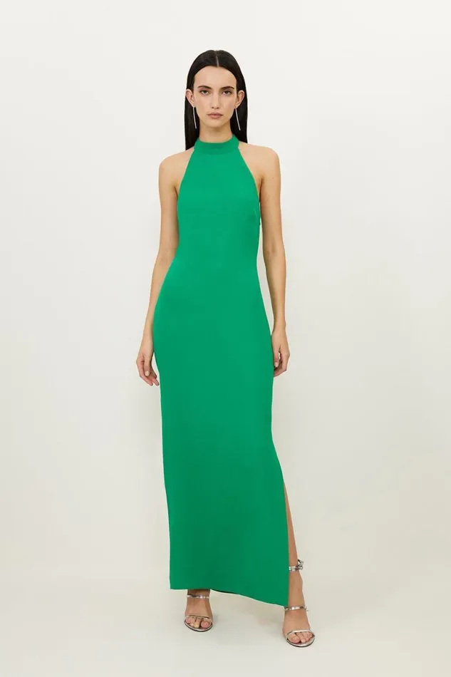 Petite Fluid Tailored Halterneck Open Back Maxi Dress Green Women Karen Millen Dresses