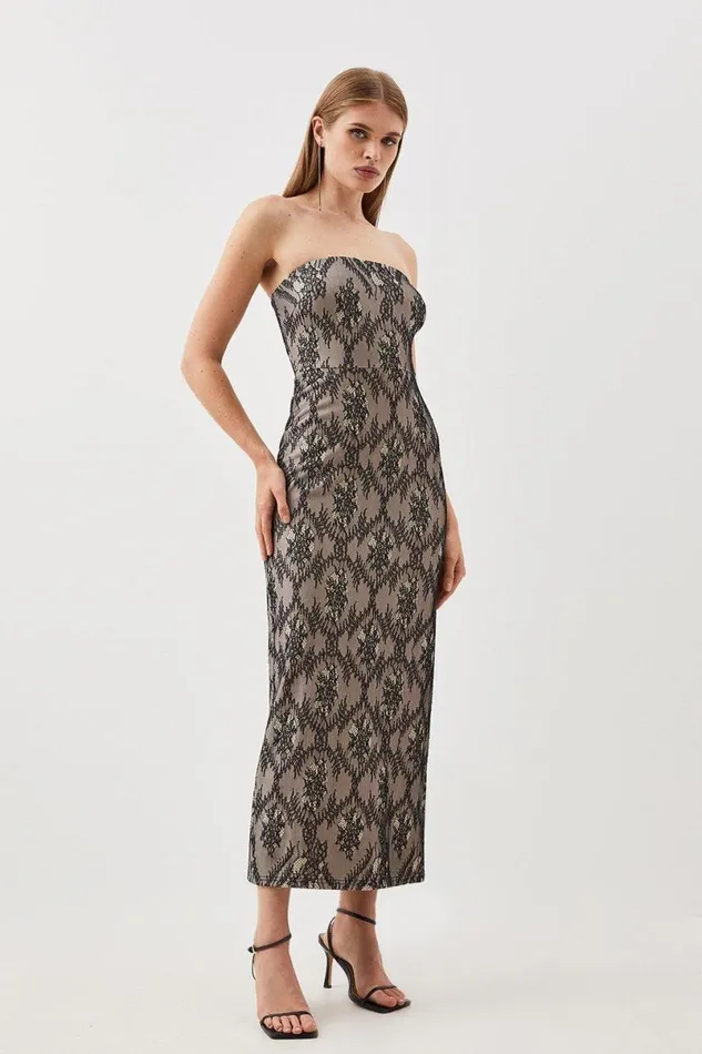 Petite Jersey Lace Bandeau Midi Dress Black Women Karen Millen Dresses