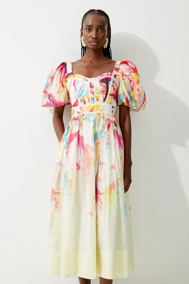 Petite Ombre Floral Silk Cotton Midi Dress Pink Women Karen Millen Dresses