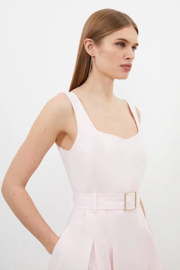 Petite Premium Tailored Linen Square Neck Belted Midi Dress Blush Women Karen Millen Dresses