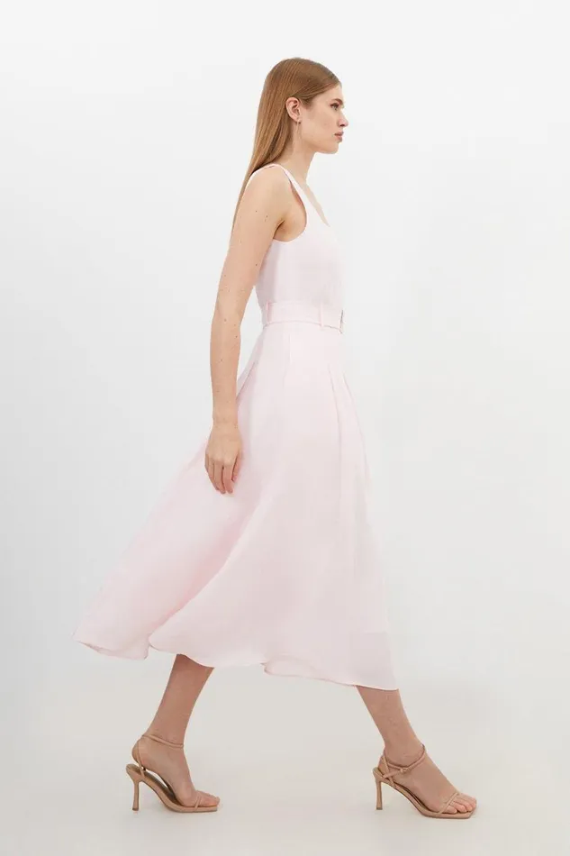Petite Premium Tailored Linen Square Neck Belted Midi Dress Blush Women Karen Millen Dresses