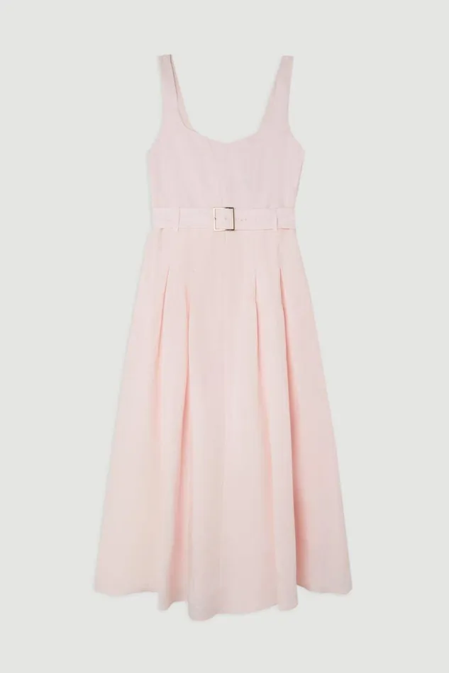 Petite Premium Tailored Linen Square Neck Belted Midi Dress Blush Women Karen Millen Dresses