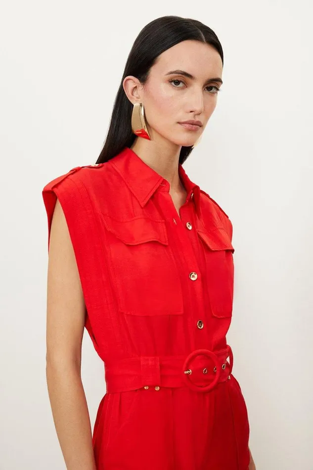 Petite Premium Viscose Linen Topstitch Jumpsuit Red Women Karen Millen Jumpsuits and Playsuits