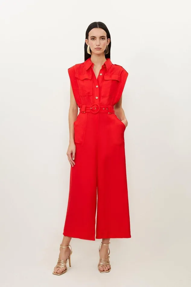 Petite Premium Viscose Linen Topstitch Jumpsuit Red Women Karen Millen Jumpsuits and Playsuits