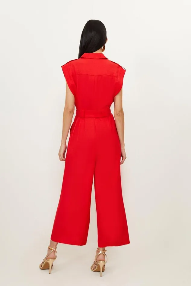 Petite Premium Viscose Linen Topstitch Jumpsuit Red Women Karen Millen Jumpsuits and Playsuits