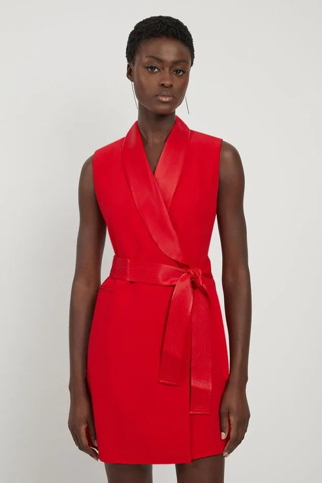Petite Satin Back Crepe Sleeveless Tuxedo Tailored Wrap Mini Dress Red Orange Women Karen Millen Dresses