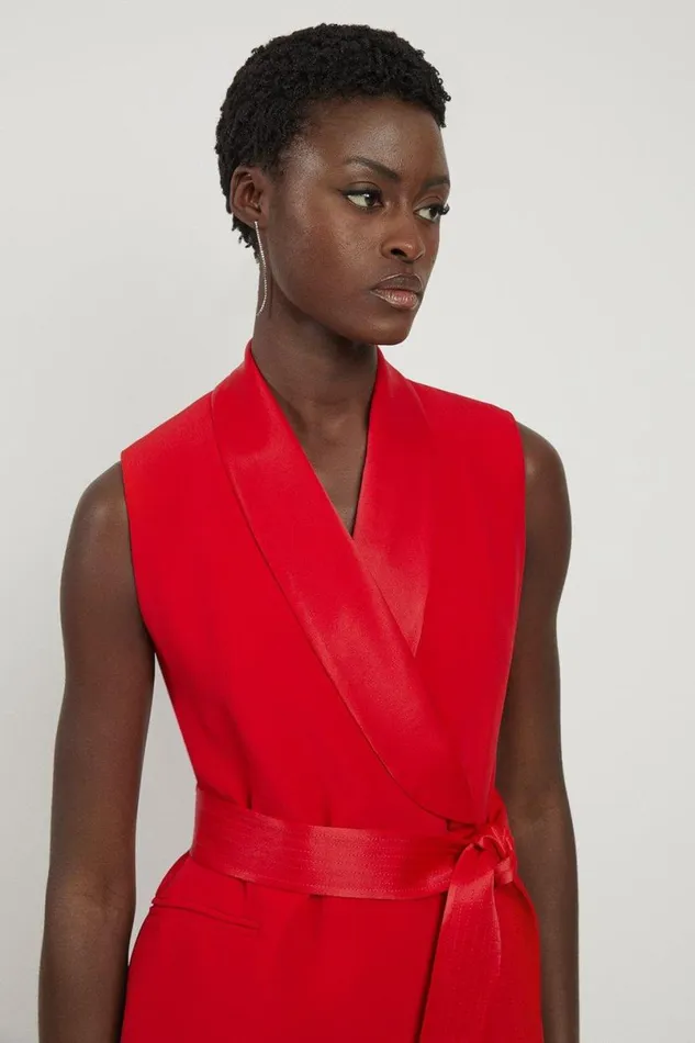 Petite Satin Back Crepe Sleeveless Tuxedo Tailored Wrap Mini Dress Red Orange Women Karen Millen Dresses