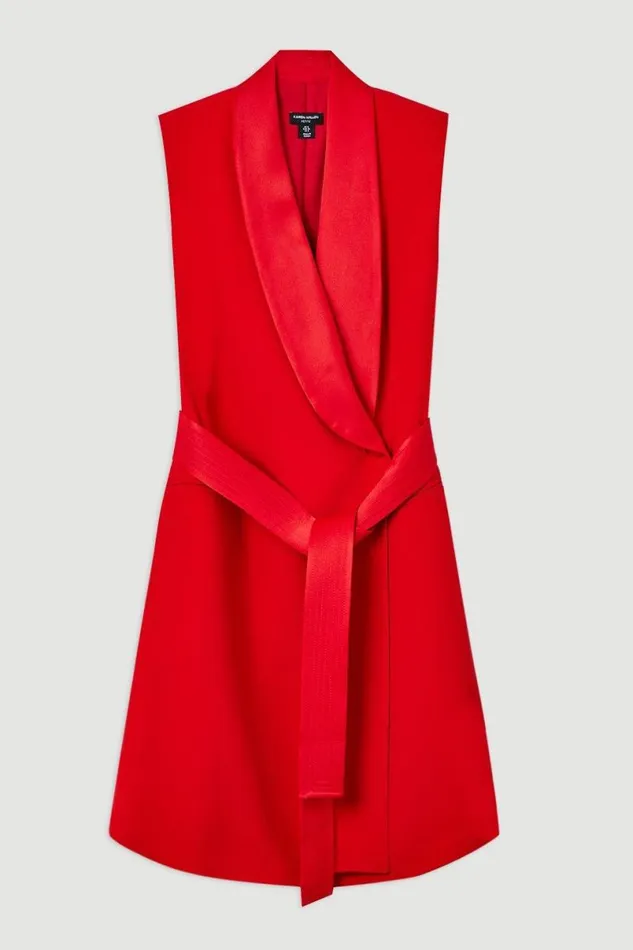 Petite Satin Back Crepe Sleeveless Tuxedo Tailored Wrap Mini Dress Red Orange Women Karen Millen Dresses