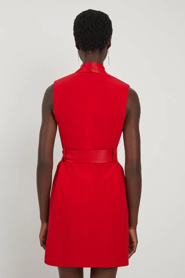 Petite Satin Back Crepe Sleeveless Tuxedo Tailored Wrap Mini Dress Red Orange Women Karen Millen Dresses