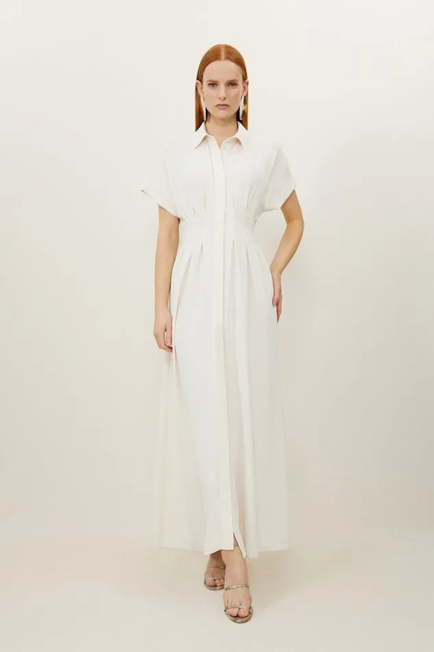 Petite Soft Tailored Belted Darted Midi Shirt Dress Ivory Women Karen Millen Dresses