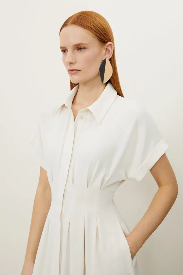 Petite Soft Tailored Belted Darted Midi Shirt Dress Ivory Women Karen Millen Dresses