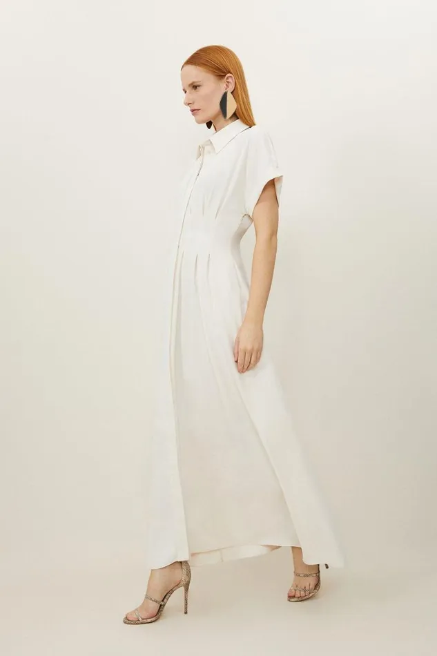 Petite Soft Tailored Belted Darted Midi Shirt Dress Ivory Women Karen Millen Dresses