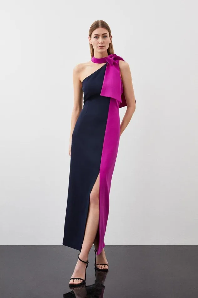 Petite Soft Tailored Colour Block Tie Neck Midi Dress Navy Women Karen Millen Dresses