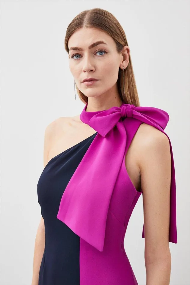 Petite Soft Tailored Colour Block Tie Neck Midi Dress Navy Women Karen Millen Dresses