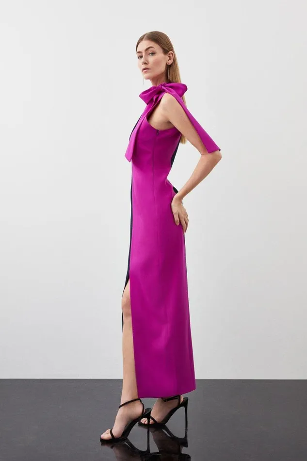 Petite Soft Tailored Colour Block Tie Neck Midi Dress Navy Women Karen Millen Dresses