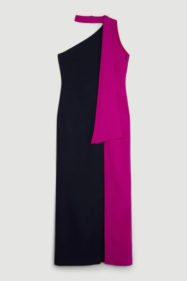 Petite Soft Tailored Colour Block Tie Neck Midi Dress Navy Women Karen Millen Dresses