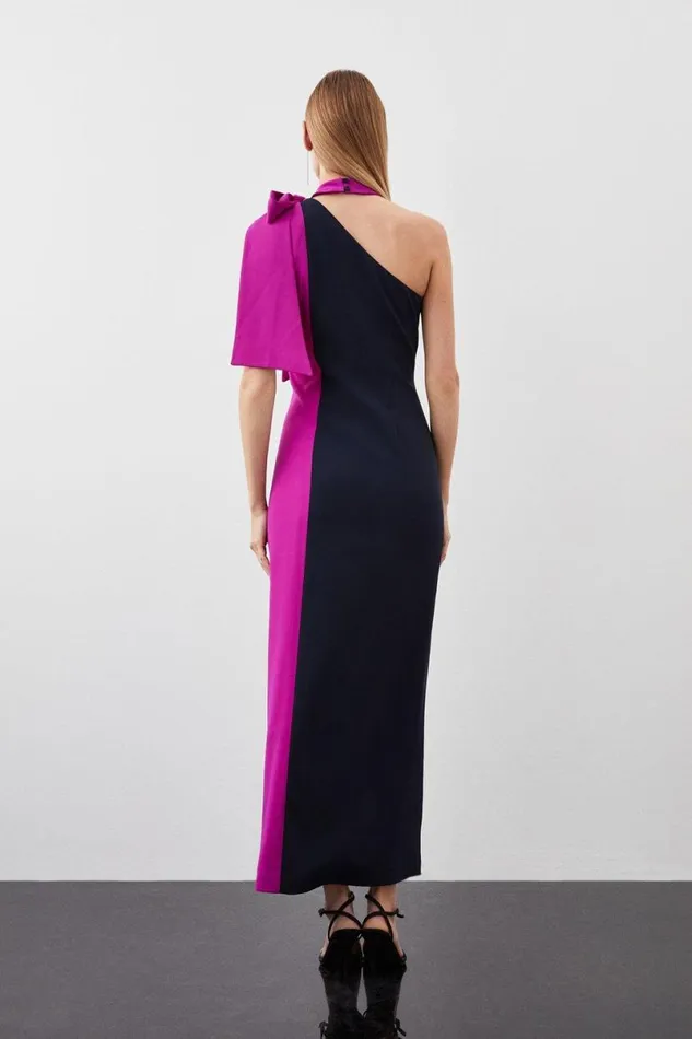 Petite Soft Tailored Colour Block Tie Neck Midi Dress Navy Women Karen Millen Dresses