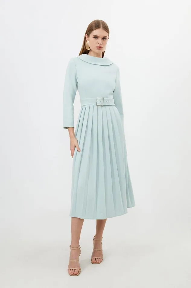 Petite Tailored Structured Crepe Pleated Midi Dress Sage Women Karen Millen Dresses