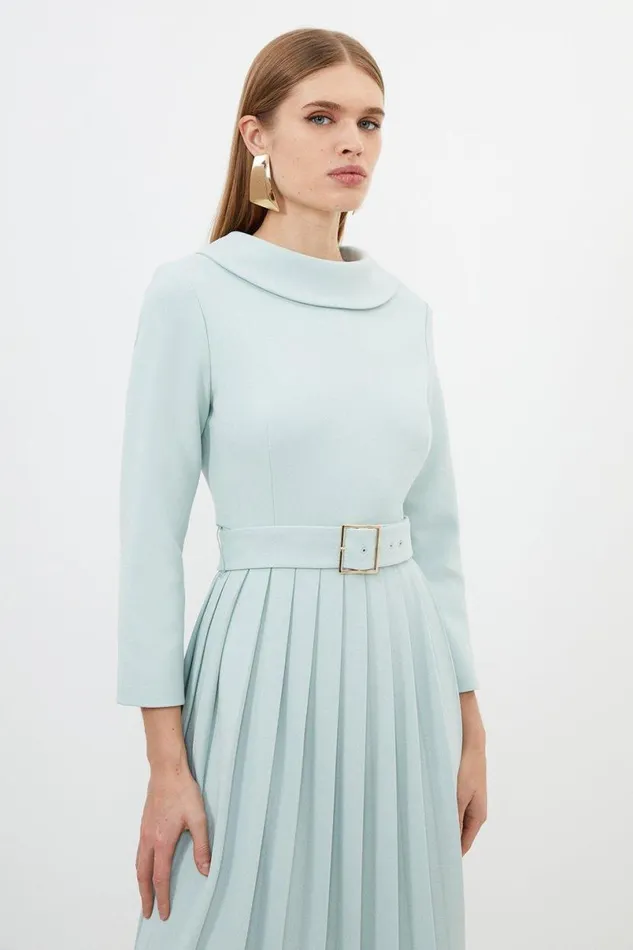 Petite Tailored Structured Crepe Pleated Midi Dress Sage Women Karen Millen Dresses