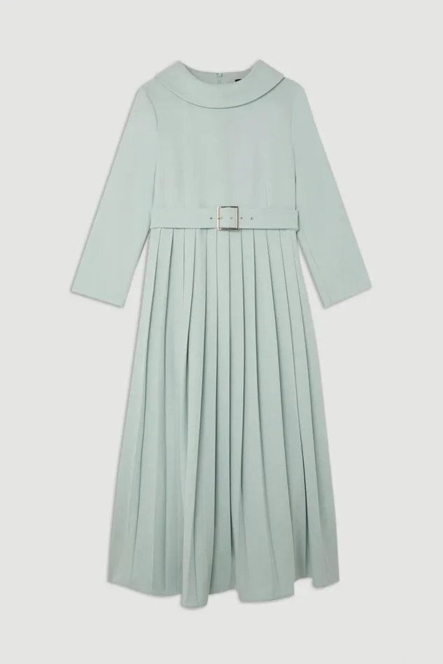 Petite Tailored Structured Crepe Pleated Midi Dress Sage Women Karen Millen Dresses