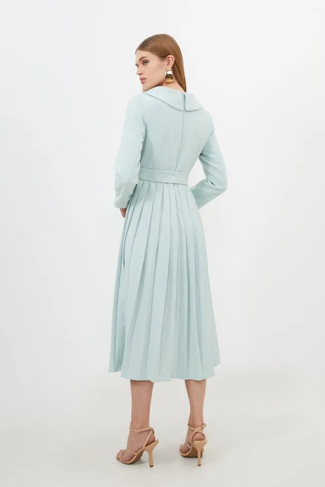 Petite Tailored Structured Crepe Pleated Midi Dress Sage Women Karen Millen Dresses