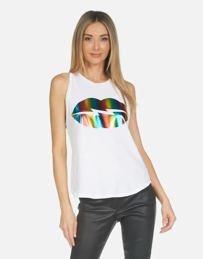Peyton Rainbow Foil Lightning Lip White Women039s Lauren Moshi Tanks