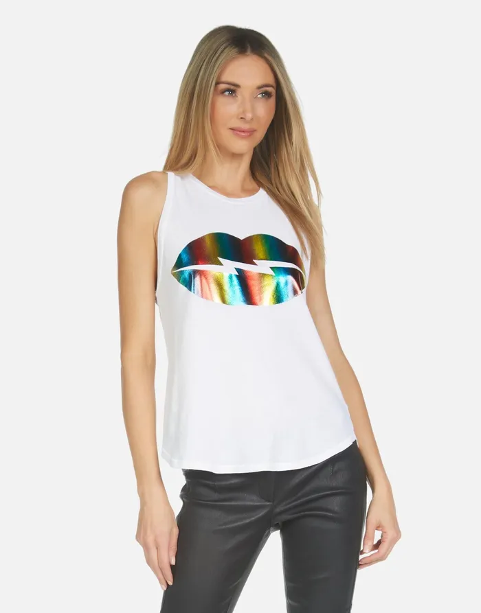 Peyton Rainbow Foil Lightning Lip White Women039s Lauren Moshi Tanks