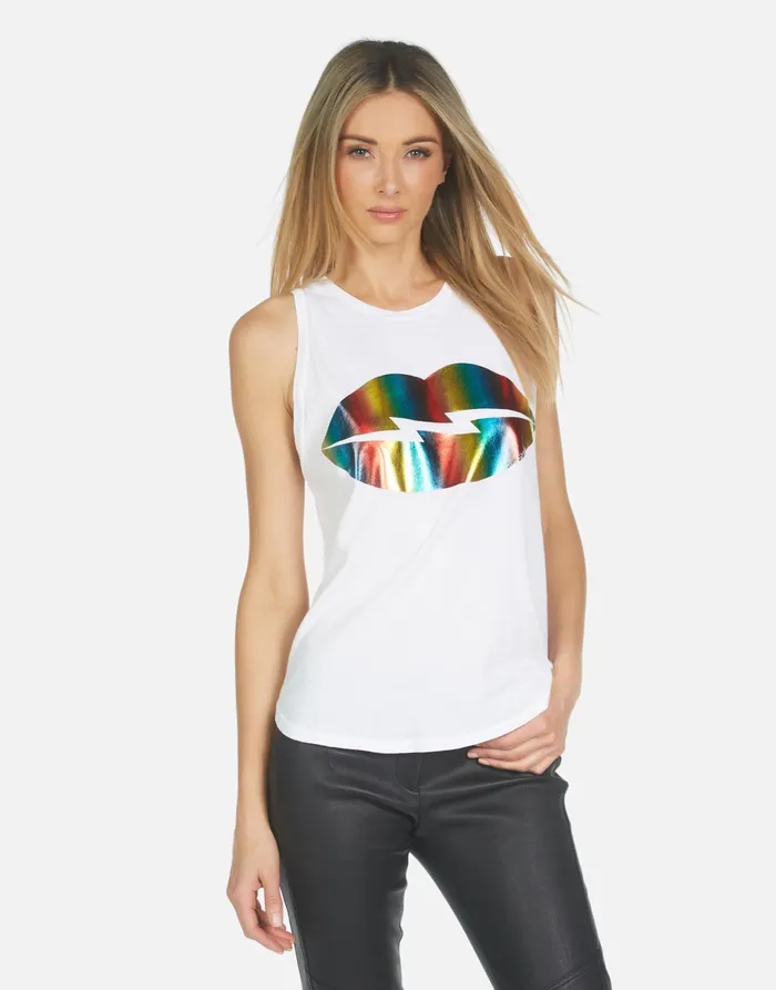 Peyton Rainbow Foil Lightning Lip White Women039s Lauren Moshi Tanks