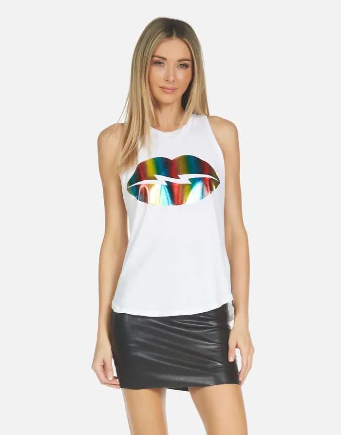 Peyton Rainbow Foil Lightning Lip White Women039s Lauren Moshi Tanks