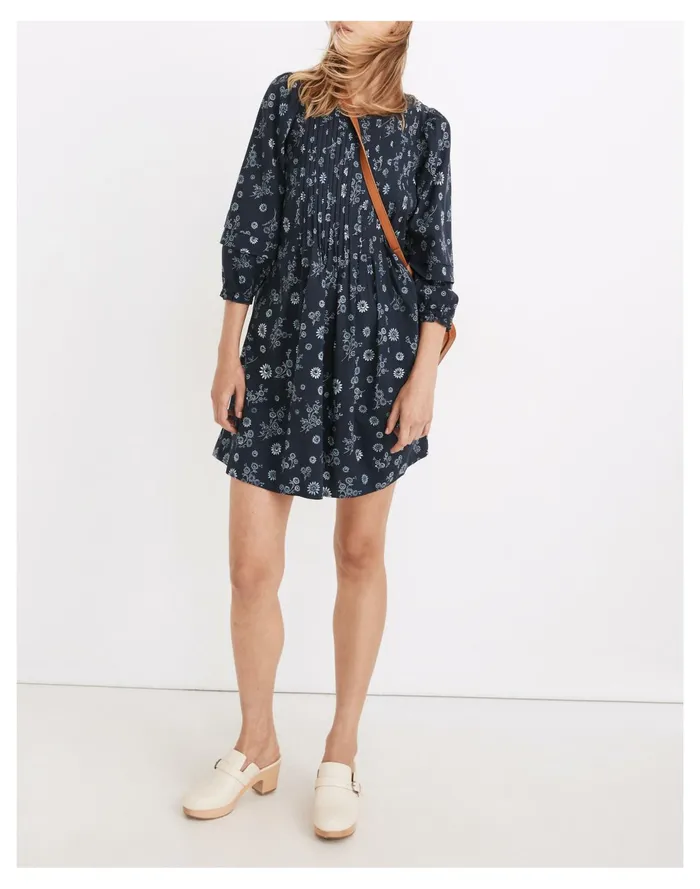 Pintuck Puff Sleeve Mini Dress In Cottage Floral Deep Navy Women Madewell Dresses