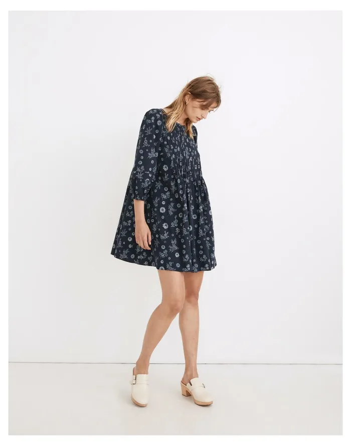 Pintuck Puff Sleeve Mini Dress In Cottage Floral Deep Navy Women Madewell Dresses