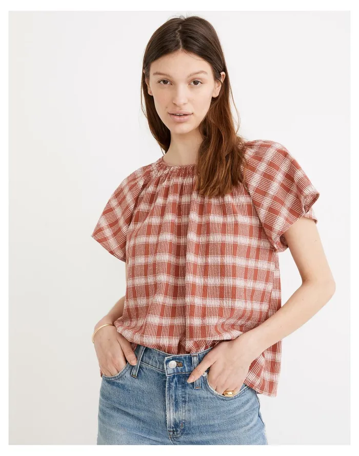 Plaid Gauze Flutter Sleeve Top Weathered Brick Women Madewell Tops and Shirts