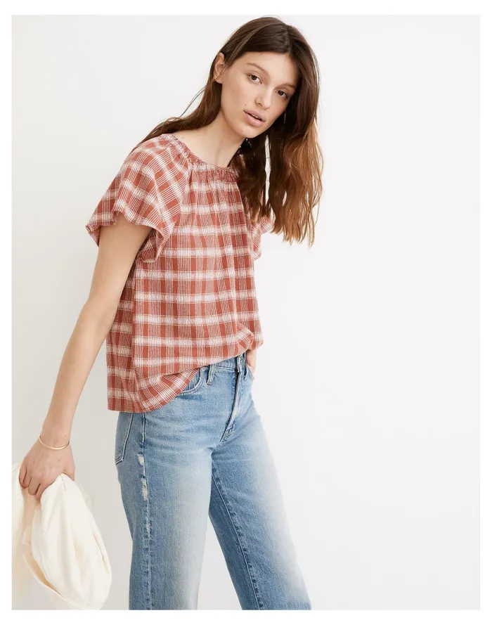 Plaid Gauze Flutter Sleeve Top Weathered Brick Women Madewell Tops and Shirts