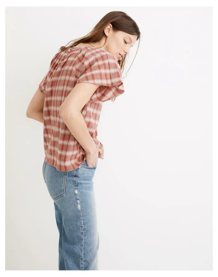 Plaid Gauze Flutter Sleeve Top Weathered Brick Women Madewell Tops and Shirts