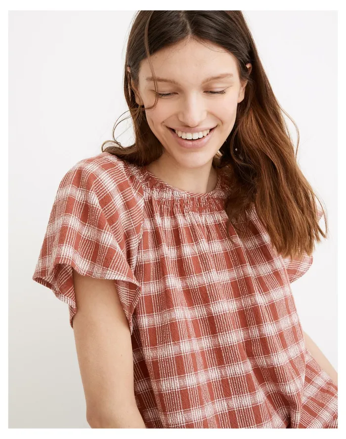 Plaid Gauze Flutter Sleeve Top Weathered Brick Women Madewell Tops and Shirts