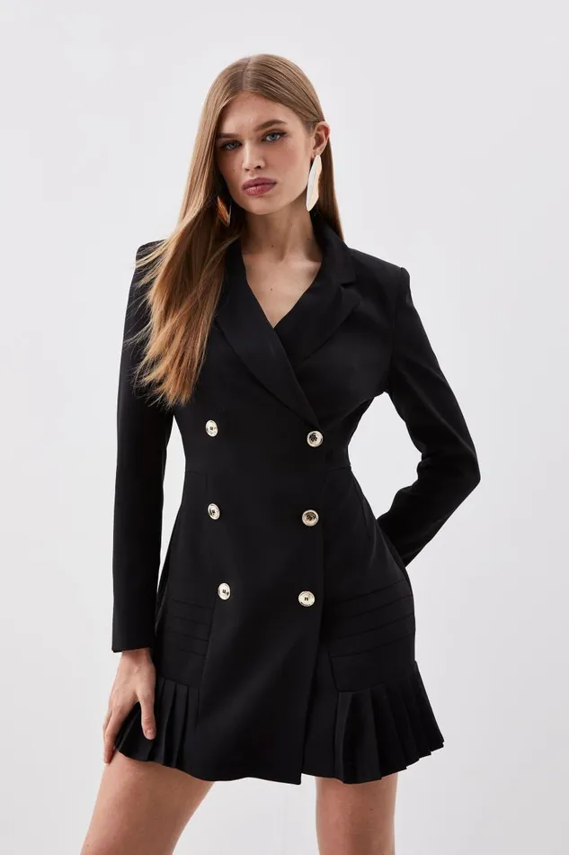 Pleated Button Detailed Woven Mini Dress Black Women Karen Millen Dresses