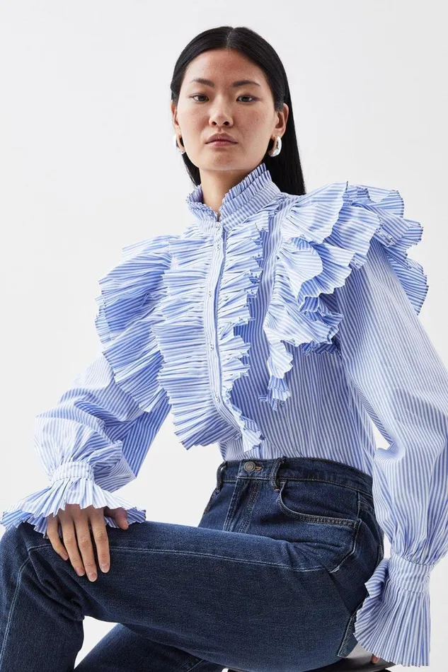 Pleated Striped Ruffle Woven Shirt Women Karen Millen Tops