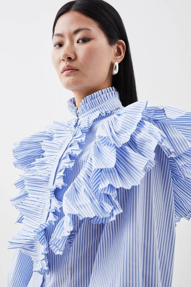 Pleated Striped Ruffle Woven Shirt Women Karen Millen Tops