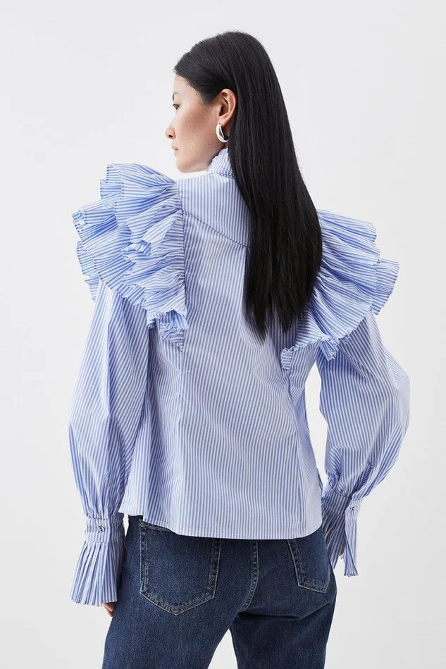Pleated Striped Ruffle Woven Shirt Women Karen Millen Tops
