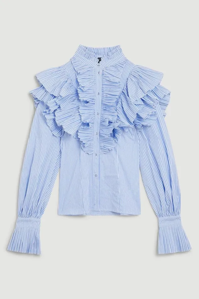 Pleated Striped Ruffle Woven Shirt Women Karen Millen Tops