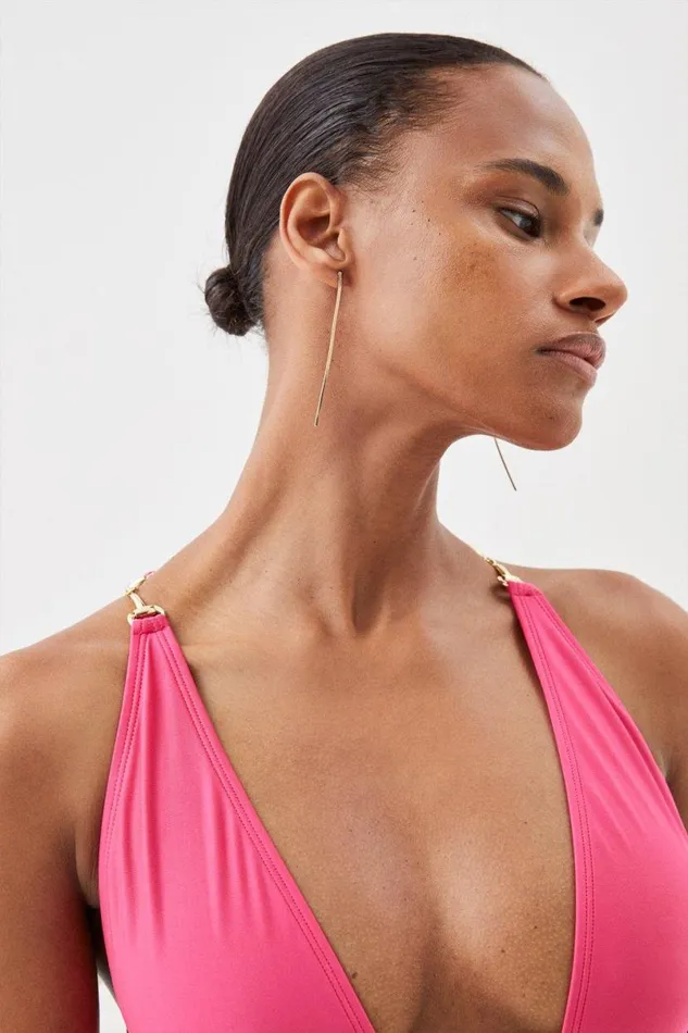 Plunge Belt Trim Detail Swimsuit Pink Women Karen Millen Swimwear