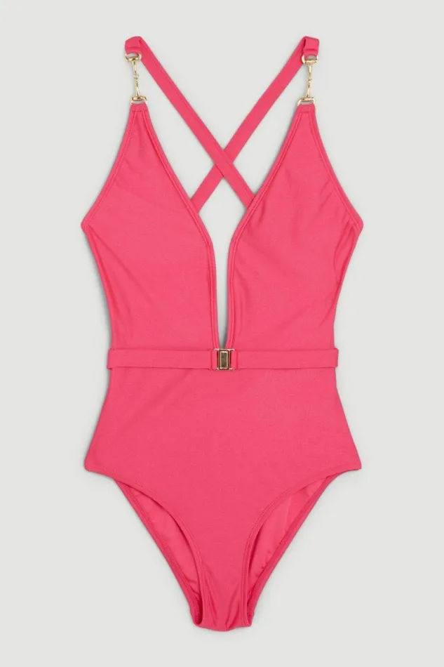 Plunge Belt Trim Detail Swimsuit Pink Women Karen Millen Swimwear