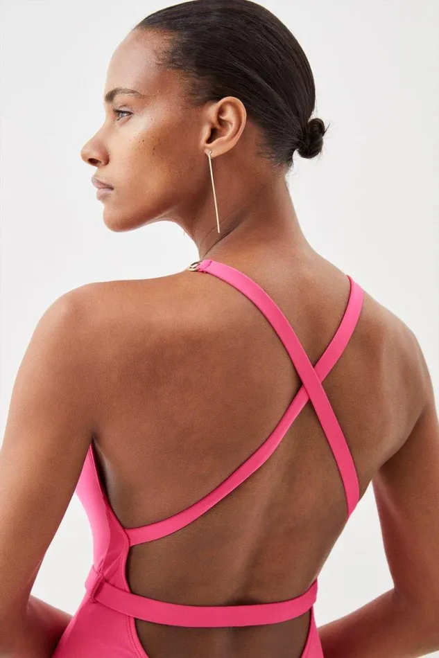 Plunge Belt Trim Detail Swimsuit Pink Women Karen Millen Swimwear