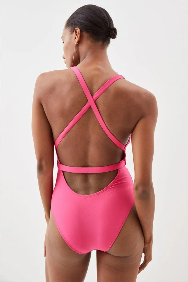 Plunge Belt Trim Detail Swimsuit Pink Women Karen Millen Swimwear