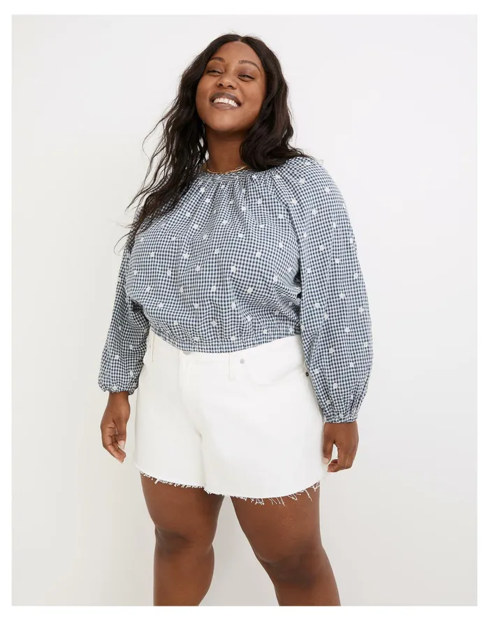 Plus Embroidered Button Back Shirt In Gingham Check Navy Shoreline Women Madewell Tops and Shirts