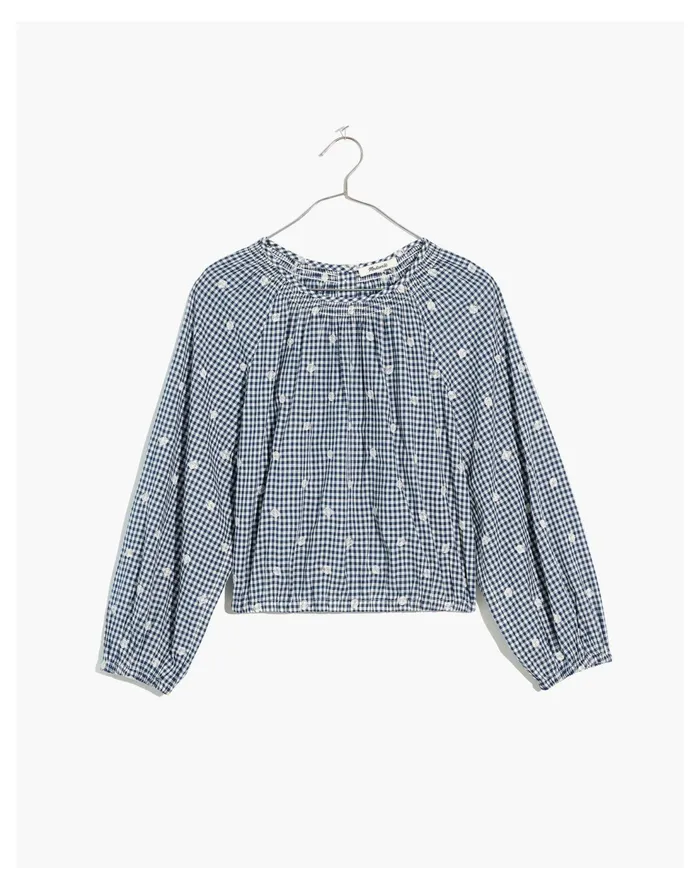Plus Embroidered Button Back Shirt In Gingham Check Navy Shoreline Women Madewell Tops and Shirts