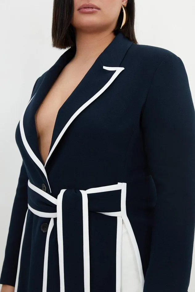 Plus Size Compact Stretch Tailored Belted Tipped Blazer Midnight Women Karen Millen Coats and Jackets
